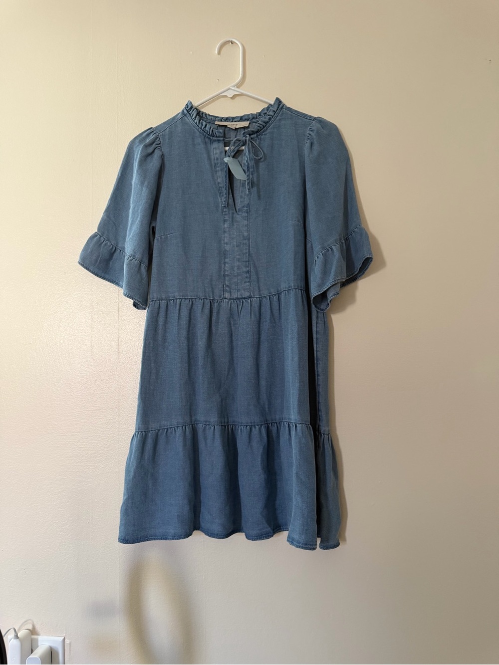 LOFT denim Tiered Denim Dress with Ruffle Tie Neck